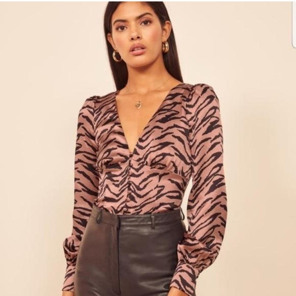 REFORMATION Cadence Tigerlily Silk Long Sleeve Button Down Top